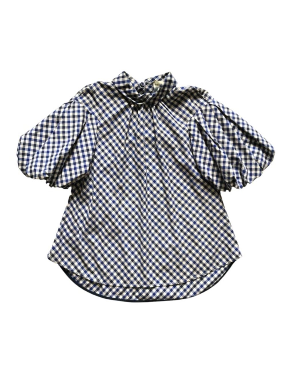 Tish Cox Gingham Top Blouse Shirt Womens XS XXS Navy Blue Ivory Short Sleeve